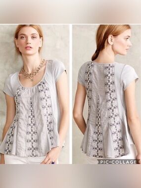 Anthropologie Akemi + Kin Embroidered Light Gray Women’s Short Sleeve Top sheer